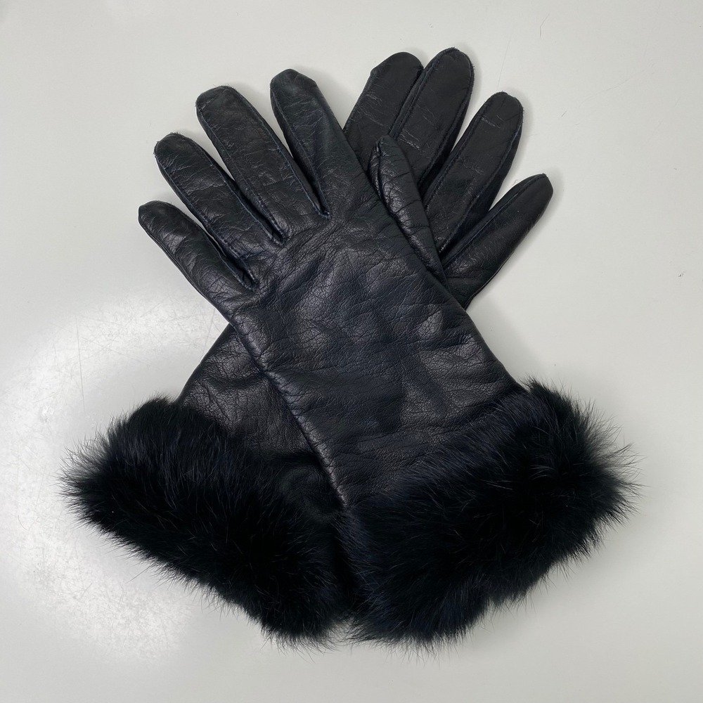 Black Leather Fur Trim Gloves Womens Winter Warm Fashion Accessories‎